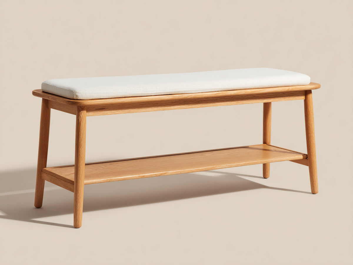 Banc de jardin - Bois-Textile - 125x42x50 cm - Bois naturel-Blanc cassé - Moderne
