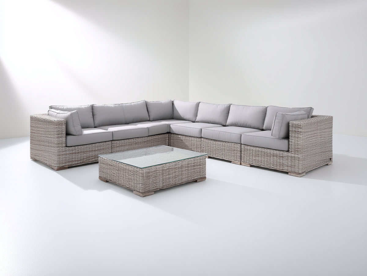 Canapé de jardin - Résine tressée-Textile - 292 x 258 x 73cm - Grège-Gris clair - Contemporain