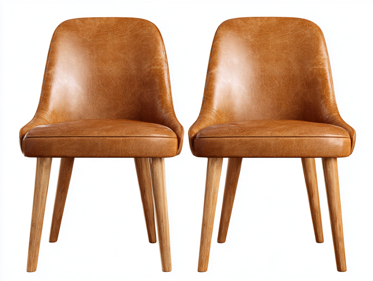 Chaise de salle à manger - Cuir - Bois - 53 x 56 x 88 cm - Cognac-Bois naturel - Style contemporain