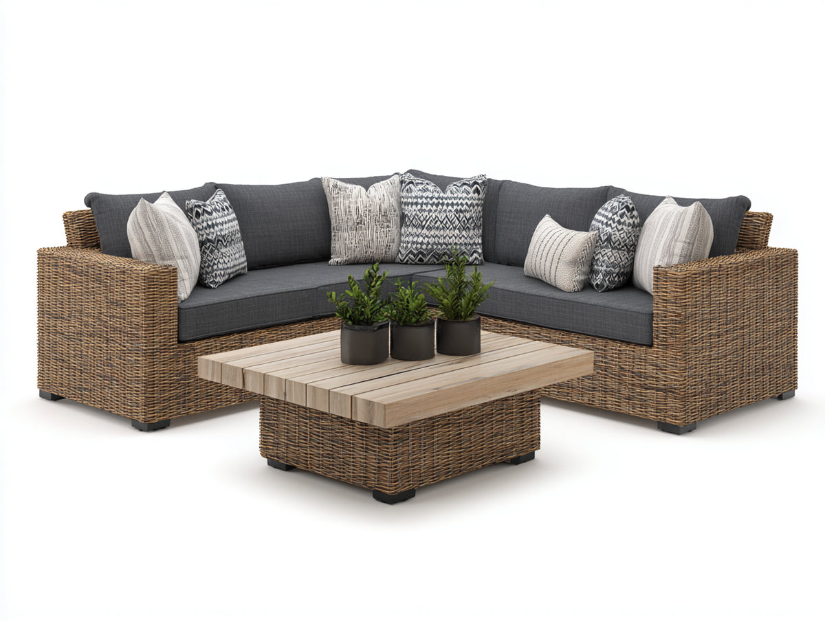 Canapé de jardin - Résine tressée-Textile - 242 x 242 x 75cm - Brun-Anthracite - Naturel