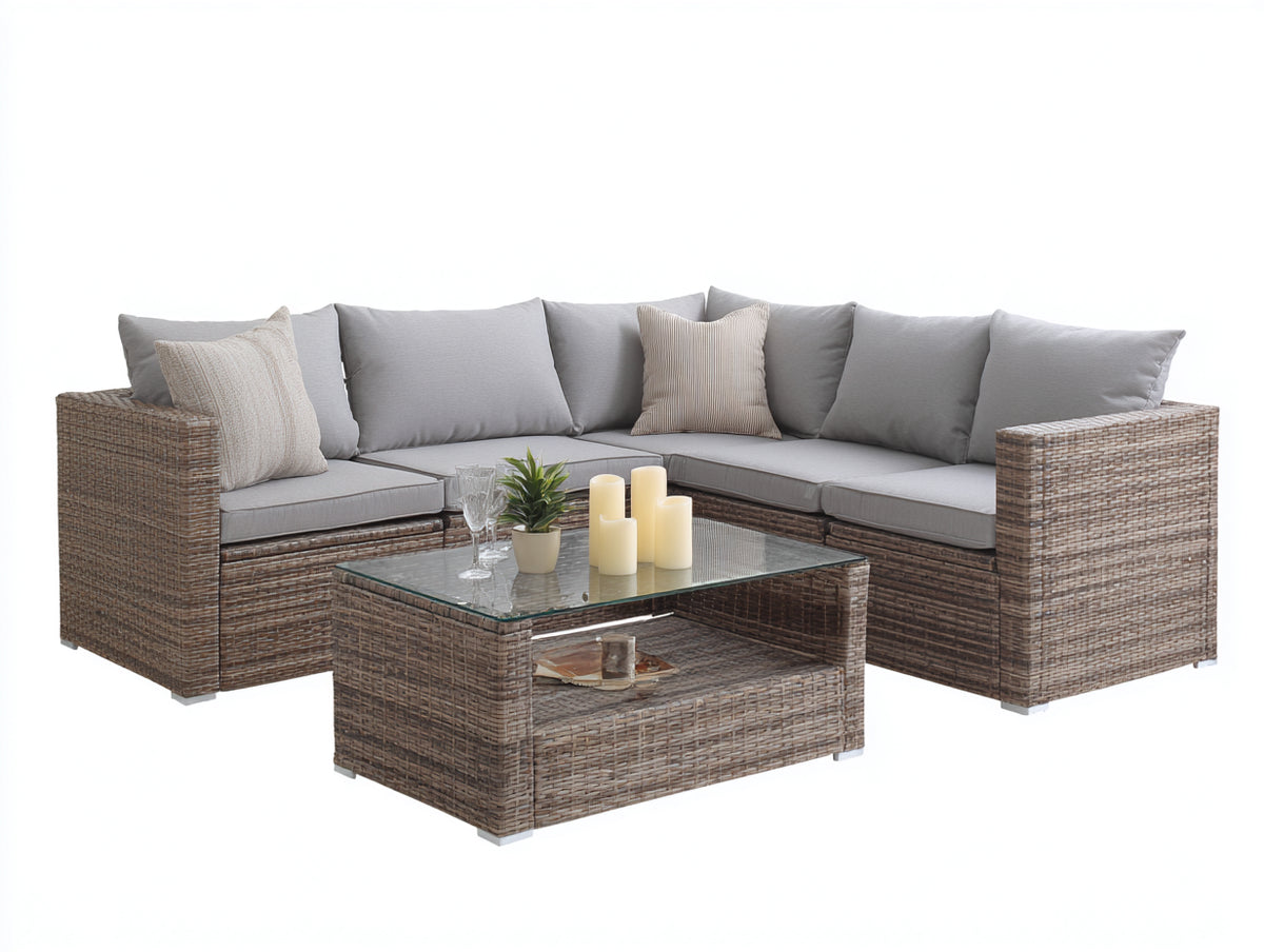 Canapé de jardin - Résine tressée-Textile - 225 x 225 x 72cm - Brun-Gris clair - Moderne