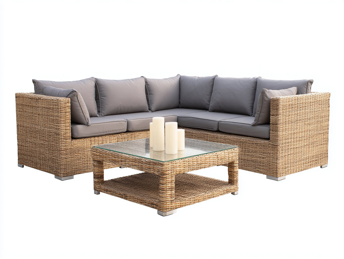 Canapé de jardin - Résine tressée-Textile - 234 x 234 x 75cm - Miel-Gris taupe - Épuré