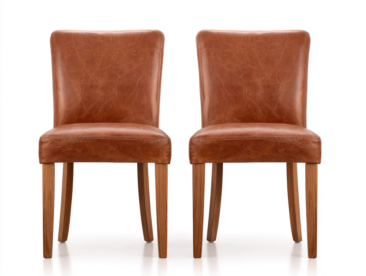 Chaise de salle à manger - Cuir-Bois - 50 x 54 x 89 cm - Cognac-Bois naturel - Style contemporain