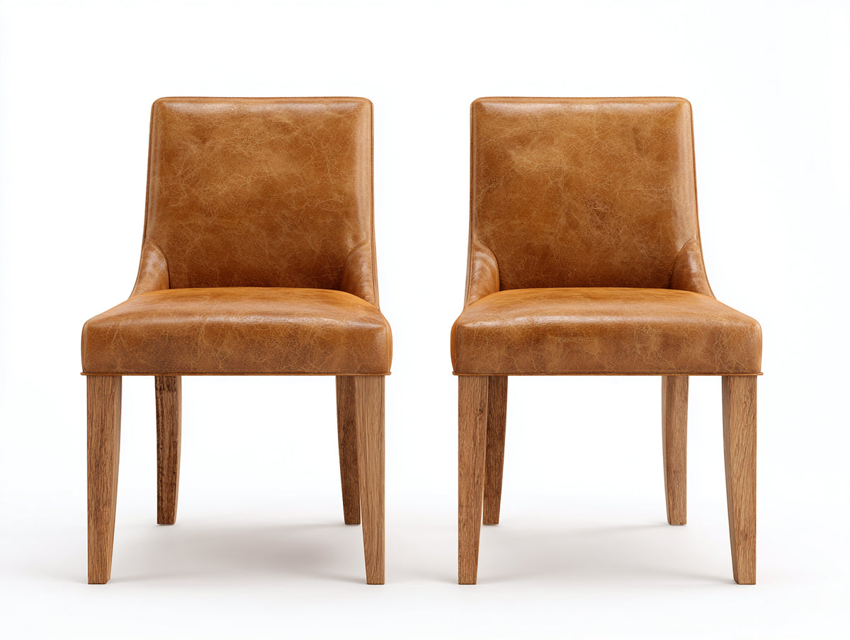 Chaise de salle à manger - Cuir-Bois - 51 x 55 x 89 cm - Cognac-Bois naturel - Style contemporain